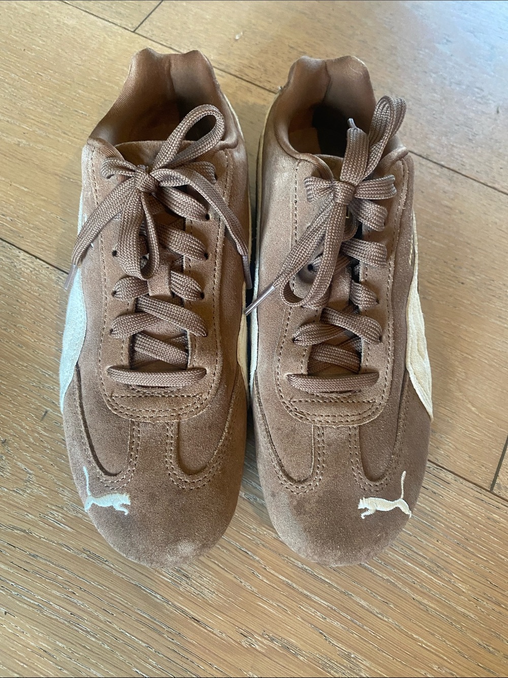 Puma Women’s Brown Suede Sneakers with Cream Stripe